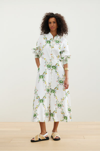 Binny - THE MARKET GARDENERS - White Floral - Linen Viscose midi dress