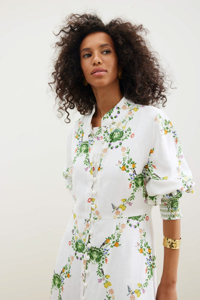 Binny - THE MARKET GARDENERS - White Floral - Linen Viscose midi dress