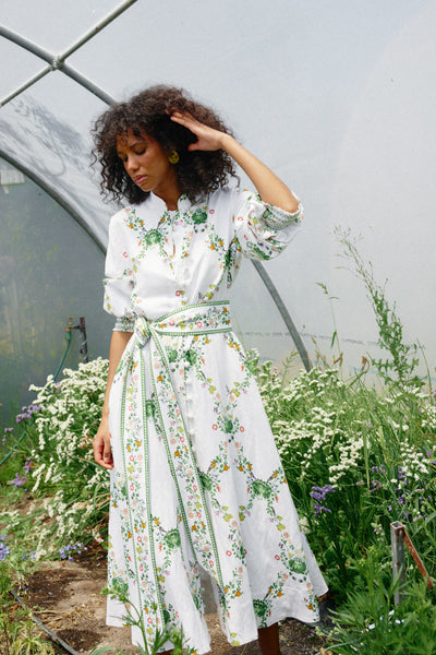 Binny - THE MARKET GARDENERS - White Floral - Linen Viscose midi dress