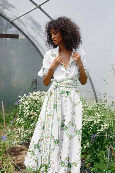 Binny - THE MARKET GARDENERS - White Floral - Linen Viscose midi dress