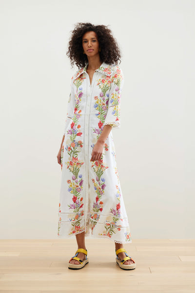 Binny - FLOATING GARDENS OF XOCHIMILCO - Multi Floral - Linen Viscose Midi Dress