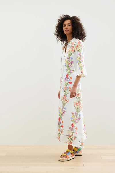 Binny - FLOATING GARDENS OF XOCHIMILCO - Multi Floral - Linen Viscose Midi Dress