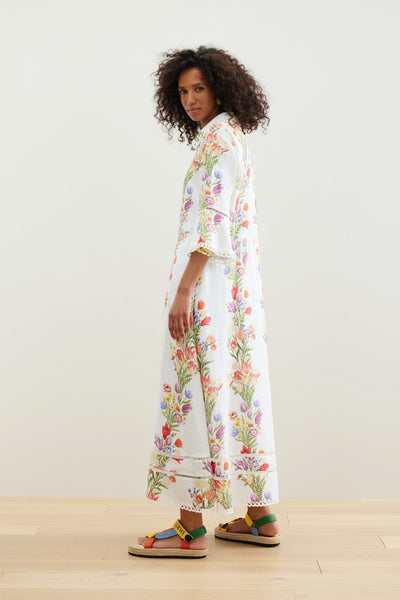 Binny - FLOATING GARDENS OF XOCHIMILCO - Multi Floral - Linen Viscose Midi Dress