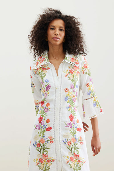 Binny - FLOATING GARDENS OF XOCHIMILCO - Multi Floral - Linen Viscose Midi Dress