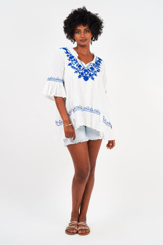 Naudic - Hacienda Tunic Top - Royal Embroidery - White