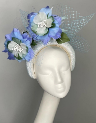 Melanie Ferrero - White Headband with Blue Feather Flowers