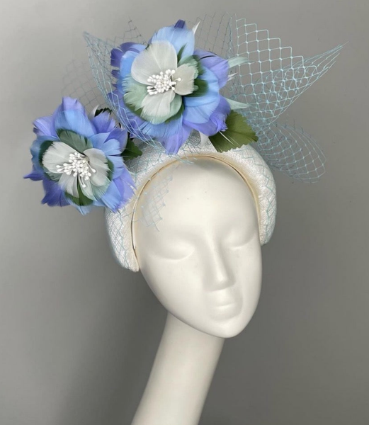 Melanie Ferrero - White Headband with Blue Feather Flowers