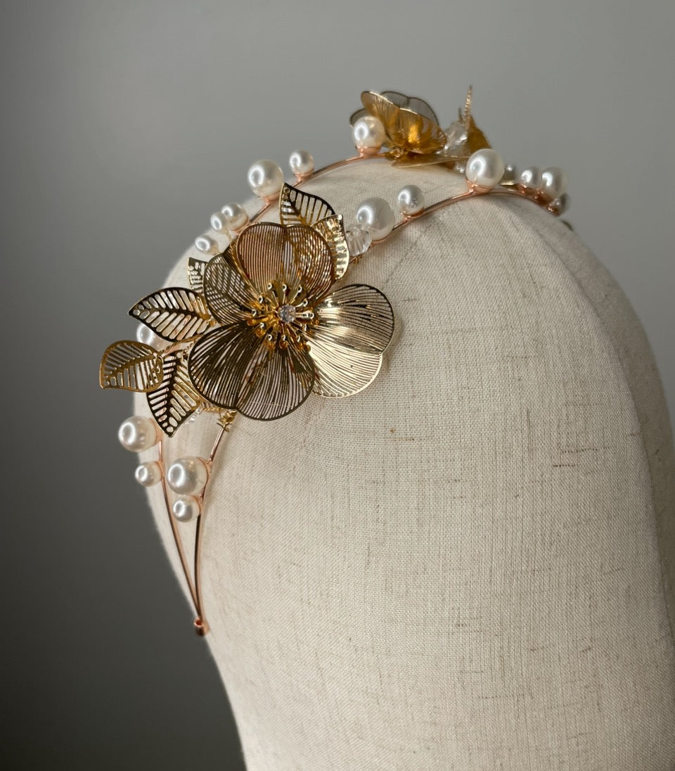 Melanie Ferrero - Double Gold Headband with Gold Flowers