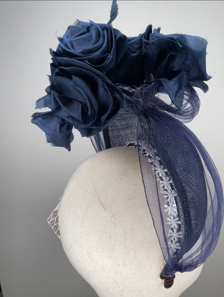 Melanie Ferrero - Navy Sinamay Halo with Silk Flowers