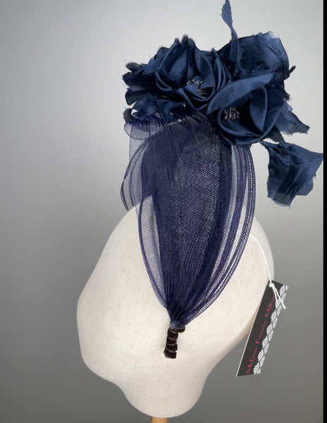 Melanie Ferrero - Navy Sinamay Halo with Silk Flowers