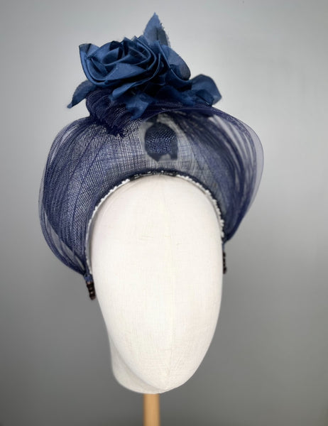 Melanie Ferrero - Navy Sinamay Halo with Silk Flowers