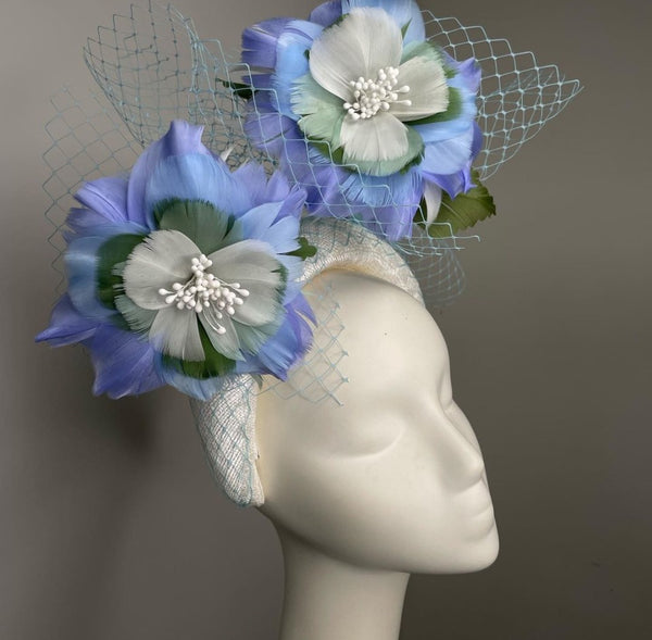 Melanie Ferrero - White Headband with Blue Feather Flowers