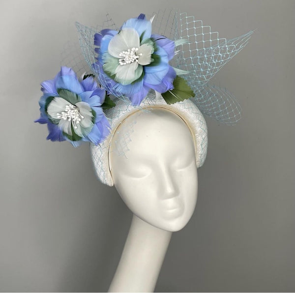 Melanie Ferrero - White Headband with Blue Feather Flowers